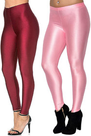 HOMESHOP Shiny lycra leggings for women and girls (Pack of 2) Maroon Babypink