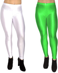 HOMESHOP Shiny lycra leggings for women and girls (Pack of 2) White Parrot Green