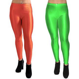 HOMESHOP Shiny lycra leggings for women and girls (Pack of 2) Parrot Green Orange