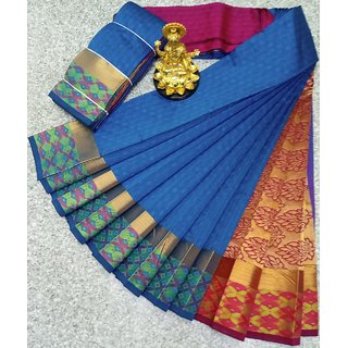                       Generic Women's Multicolor Self Design Cotton Silk Saree With Blouse                                              