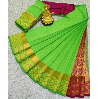                       Generic Women's Multicolor Self Design Cotton Silk Saree With Blouse                                              