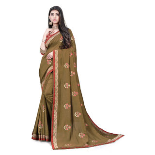                       Brown Vichitra Silk Embroidered Women's Saree With Blouse Piece                                              