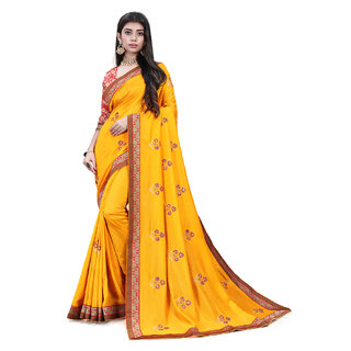                       Yellow Vichitra Silk Embroidered Women's Saree With Blouse Piece                                              