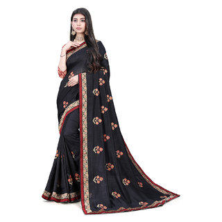                       Black Vichitra Silk Embroidered Women's Saree With Blouse Piece                                              