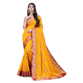                       Yellow Vichitra Silk Embroidered Women's Saree With Blouse Piece                                              
