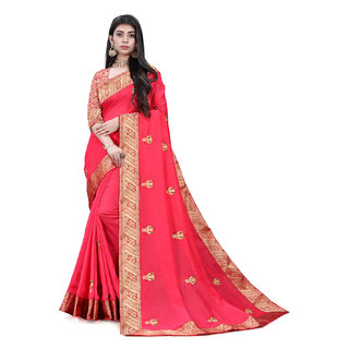                       Pink Vichitra Silk Embroidered Women's Saree With Blouse Piece                                              
