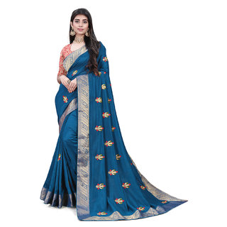                      Blue Vichitra Silk Embroidered Women's Saree With Blouse Piece                                              