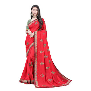                       Red Vichitra Silk Embroidered Women's Saree With Blouse Piece                                              