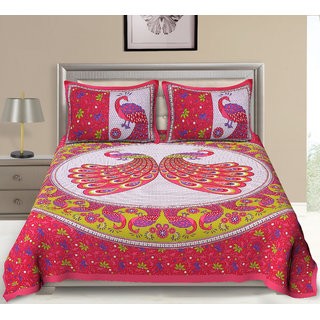 UniqChoice PinkColor 100% Cotton Rajasthani Traditional Double Bedsheet With 2 Pillow Cover 215cm x 235cm(2_Pink_89)