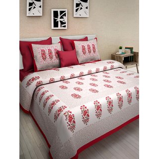 UniqChoice RedColor 100% Cotton Rajasthani Traditional Double Bedsheet With 2 Pillow Cover 215cm x 235cm(redbuta_D)