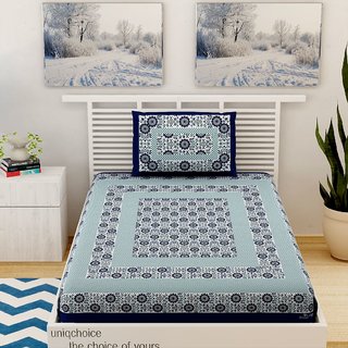UniqChoice BlueColor 100% Cotton Jaipuri Printed Single bedsheet With 1 Pillow Cover 150 x 220 Cm(1+1_Single_4SQ_Blue)