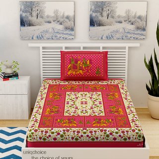 UniqChoice RedColor 100% Cotton Jaipuri Printed Single bedsheet With 1 Pillow Cover 150 x 220 Cm(1+1_Single_Gangor_Red)