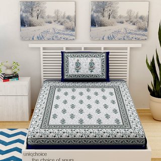 UniqChoice BlueColor 100% Cotton Jaipuri Printed Single bedsheet With 1 Pillow Cover 150 x 220 Cm(1+1_Single_Mugal_Blue)