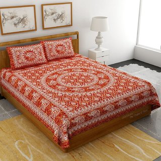 UniqChoice RedColor 100% Cotton Rajasthani Traditional Double Bedsheet With 2 Pillow Cover (RedbatikHathiA_D)