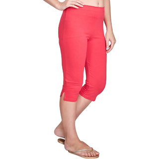                       Women Pink Cotton Relaxed Fit Capri with Side Slits                                              