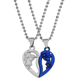                       M Men Style Valentine Gift Cute Girl And Boy Lovers Talking Couple 2pc Blue ,Silver Stainless Steel Pendant For Couple                                              