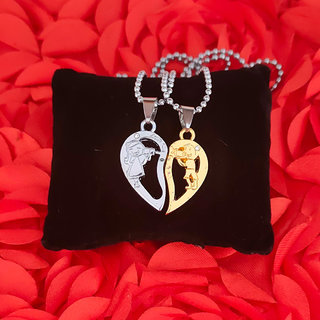                       ShivJagdamba Valentine Gift Cute Girl And Boy Lovers Talking Couple 2pc Gold,Silver Stainless Steel Pendant For Couple                                              