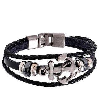                       M Men Style Latest Anchor Dual Braided Charm Wrist Band  Black ,Silver Leather ,Stainless Steel Bracelet For Unisex                                              