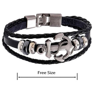                       ShivJagdambaLatest Anchor Dual Braided Charm Wrist Band  Black ,Silver Leather ,Stainless Steel Bracelet For Unisex                                              
