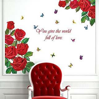                       JAAMSO ROYALS Red Rose with Colorful Butterflies Stickers for Room Wall Sticker   ( 60 CM X 90 CM  )                                              