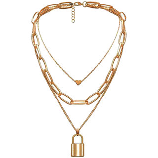                       M Men Style Fashion Multilayered Lock Heart Locket Gold Plated Choker Alloy Gold Brass ,Metal Neckalce Chain For Women                                              
