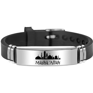                       M Men Style Religious Muslim Masjit Allah Wristband Black,Silver,Silicone Adjustable Bracelet For Unisex                                              
