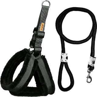                       Petshop7 Premium Qualtiy Fur Padded Nylon Dog Harness  Leash Rope 1inch - Mrdium (Chest Size - 28-32inch) Black                                              
