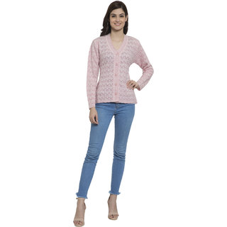 PEACH SMILE Casual Wear Full Sleeve self design V-Neck Cardigan For Women Pink (Size-L)