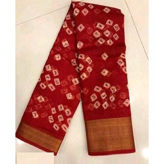                       SVB Saree Red Colour Linen Bandhani Printed Saree                                              