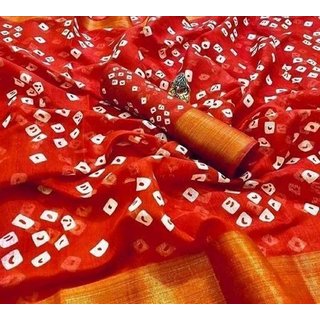                       SVB Saree Red  Colour Linen Bandhani Printed Saree                                              