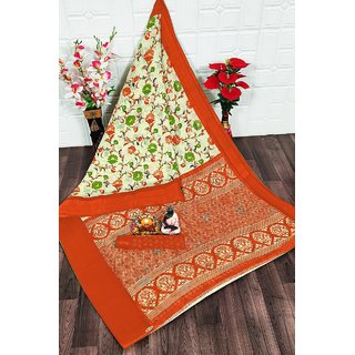                       SVB Saree Orange  Flower Printed Saree                                              