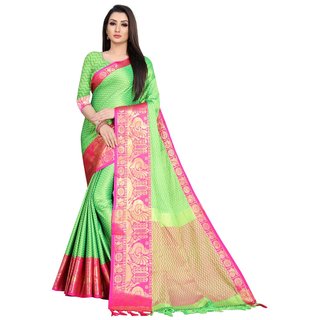                       SVB Sarees Green And Pink Colour Embellished Saree                                              