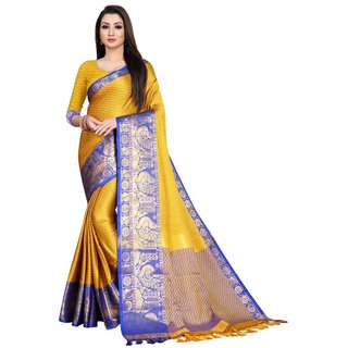                       SVB Sarees Mustard And Blue Colour Embellished Saree                                              