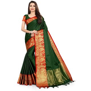                       SVB Sarees Green And Red Colour Embellished Saree                                              