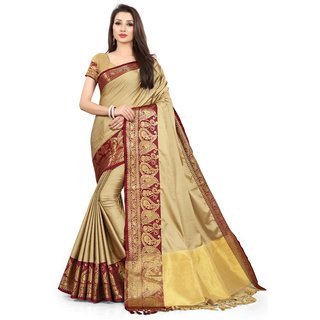                       SVB Sarees Chicku And Maroon Colour Embellished Saree                                              