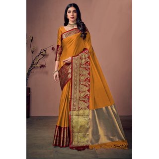                       SVB Sarees Mustard And Red Colour Embellished Saree                                              