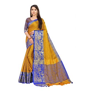                       SVB Sarees Mustard And Blue Colour Embellished Saree                                              