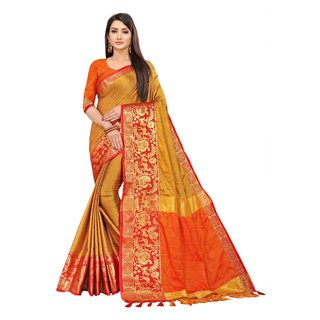                       SVB Sarees Mustard And Red Colour Embellished Saree                                              