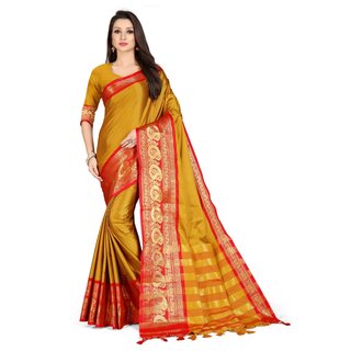SVB Sarees Mustard And Red Colour Embellished Saree SVB Sarees Mustard And Red Colour Embellished Saree