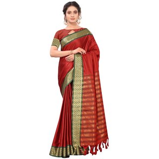                       SVB Sarees Red And Green Colour Embellished Saree                                              