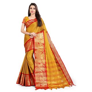 SVB Sarees Mustard And Red Colour Embellished Saree SVB Sarees Mustard And Red Colour Embellished Saree