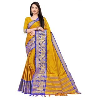 SVB Sarees Mustard And Blue Colour Embellished Saree SVB Sarees Mustard And Blue Colour Embellished Saree