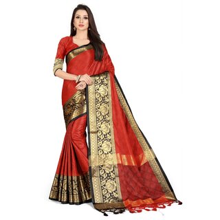                       SVB Sarees Red And Black Colour Embellished Saree                                              