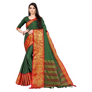                       SVB Sarees Green And Red Colour Embellished Saree                                              