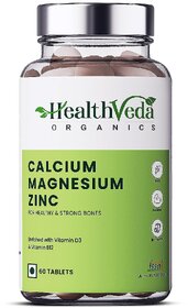 Health Veda Organics Calcium Magnesium Zinc for healthy and strong bones with Vitamin D3, Vitamin B12 (60 Capsules).