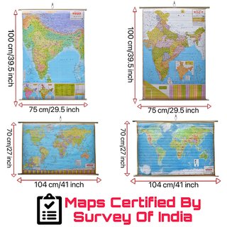 India  World Map (Both Political  Physical) Laminated Chart Hindi Medium  Set Of 4  Useful for UPSC and other exams