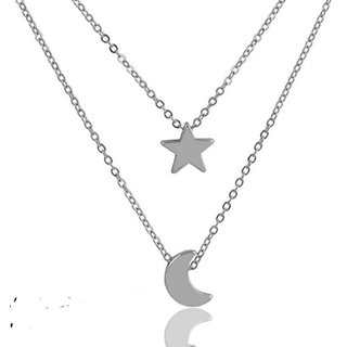                       AKANSHA Stunning Silver plated Double layer moon and Star Necklace                                              