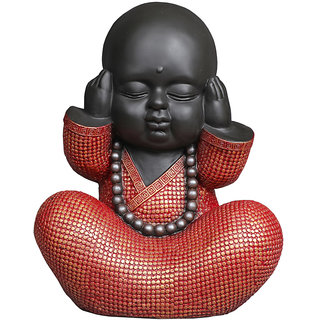 Tansha Quo Tatva Monk Red - Do Not Listen Bad Decorative Showpiece  -  42 cm (Polyresin, Red)