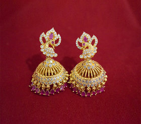 Jhumkas With Peacock Model And Pink Stone