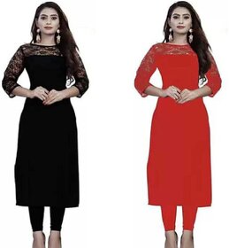 BHAGYASHRAY Solid Black-Red Crepe and Rasal Net Straigth Kurti for girls and women